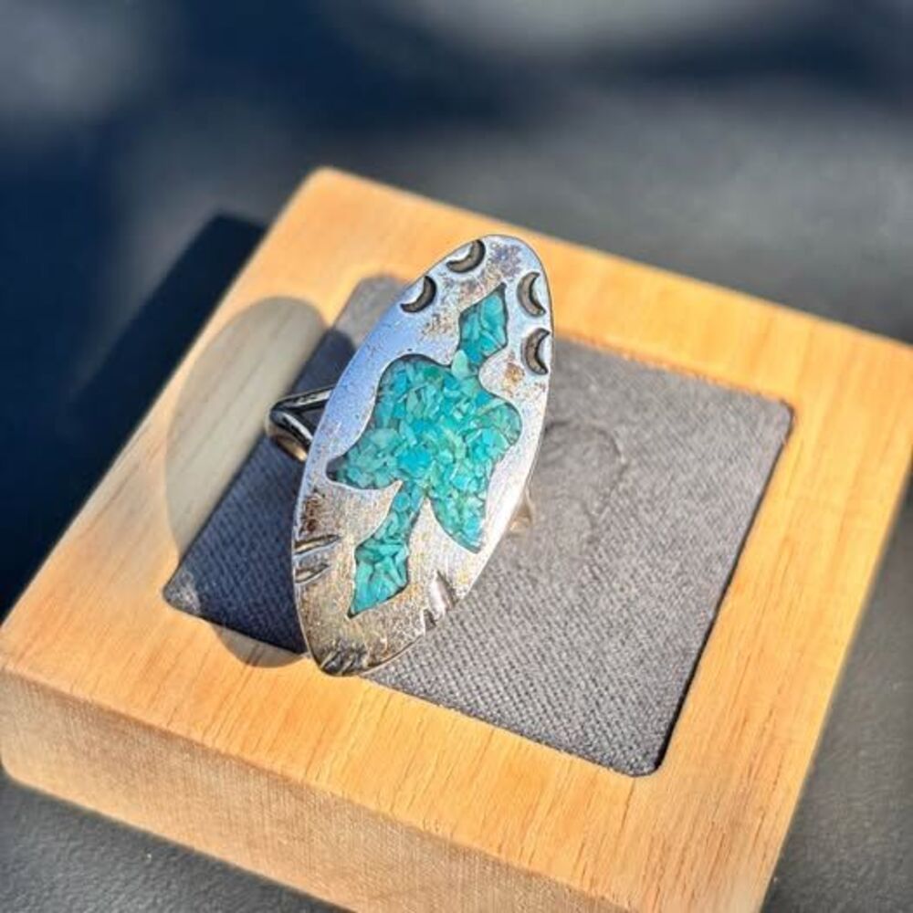 Vintage Sterling Silver Thunderbird Turquoise Inlay Ring Size 7.5